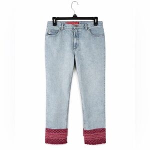 guess Vintage RARE Women's Light Wash Size 30 Jeans with Maroon Fringed Bottoms